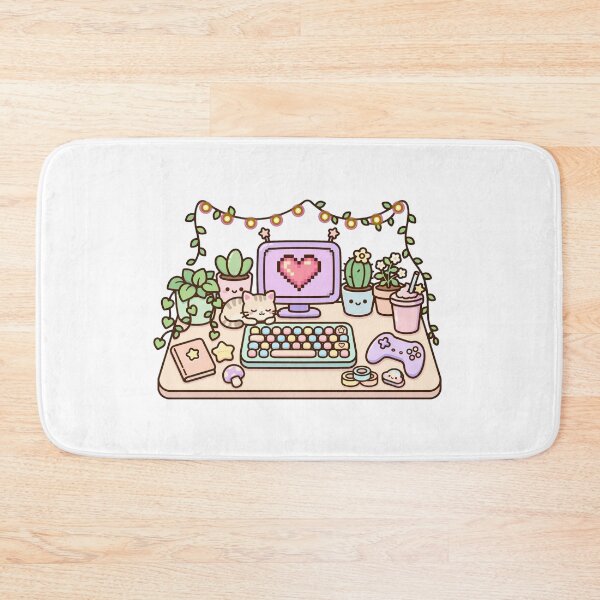 Item preview, Kawaii Cozy Gaming Desk Setup - Pastel Plants Cat Pixel Heart - Lofi Gamer Room designed and sold by Petringo.