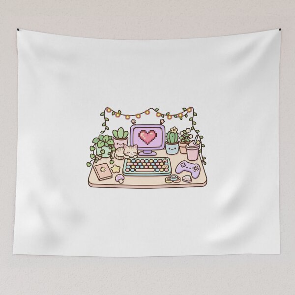 Item preview, Kawaii Cozy Gaming Desk Setup - Pastel Plants Cat Pixel Heart - Lofi Gamer Room designed and sold by Petringo.