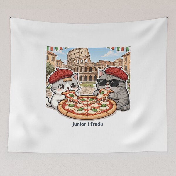 Item preview, Freda and Junior Eating Pizza in Rome - Kawaii Cats Italy Travel designed and sold by MAISON SYLVIE.
