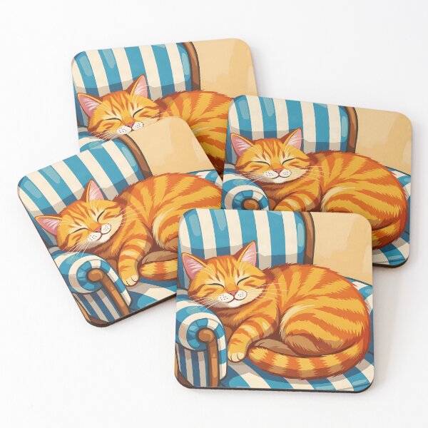 Item preview, Ginger tabby cat dozing  on a blue-and-white striped armchair  designed and sold by Ponted.