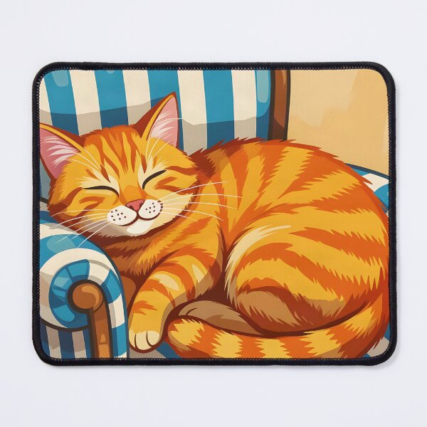 Item preview, Ginger tabby cat dozing  on a blue-and-white striped armchair  designed and sold by Ponted.
