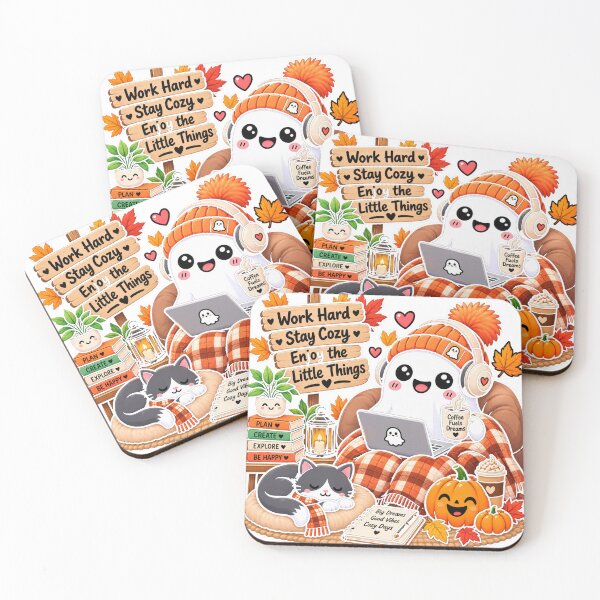 Item preview, Work Hard Stay Cozy Ghost – Cute Coffee, Cat & Autumn Workspace designed and sold by ghatwalsachin.