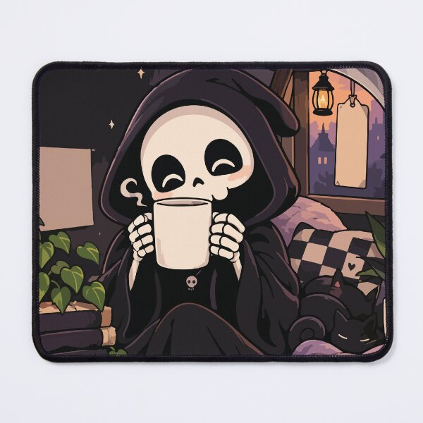 Item preview, Cozy Grim Reaper Drinking Coffee designed and sold by BrownHorse90s.