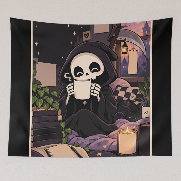Item preview, Cozy Grim Reaper Drinking Coffee designed and sold by BrownHorse90s.