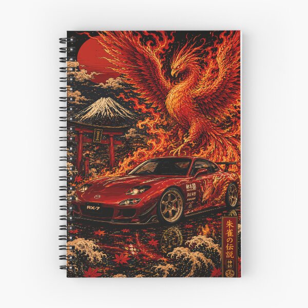 Item preview, Japanese retro anime style illustration of a red Mazda RX-7 sports car with a majestic fire phoenix, Mount Fuji, and torii gate designed and sold by arfindo-indra.