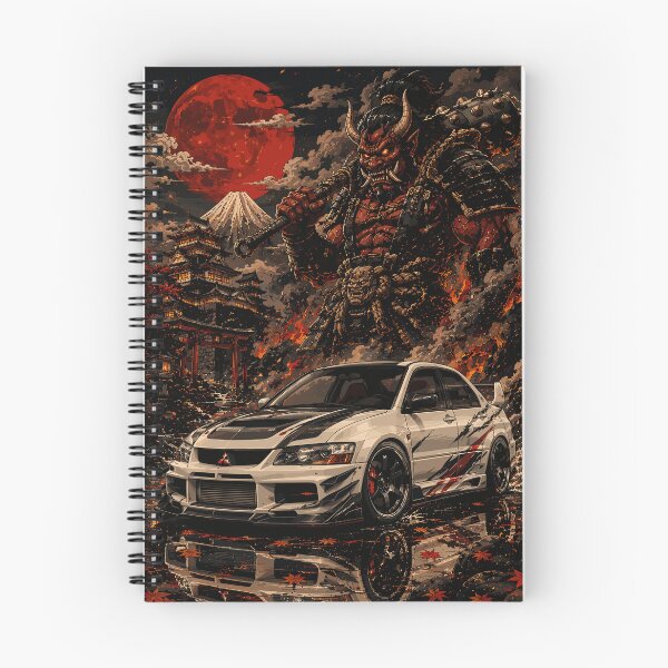 Item preview, Japanese retro anime style illustration of a white Mitsubishi Lancer Evolution sports car with a giant Oni demon, Mount Fuji, and castle designed and sold by arfindo-indra.