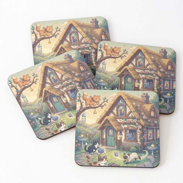 Item preview, Whimsical Cats Playing Around Cottage Cozy Anime Art designed and sold by MemoMetaverse.