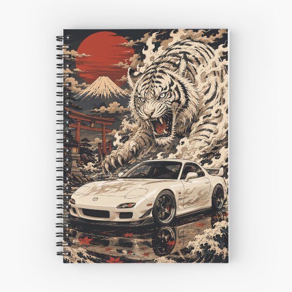 Item preview, Japanese retro anime style illustration of a white Mazda RX-7 sports car with a majestic white tiger, Mount Fuji, and torii gate designed and sold by arfindo-indra.