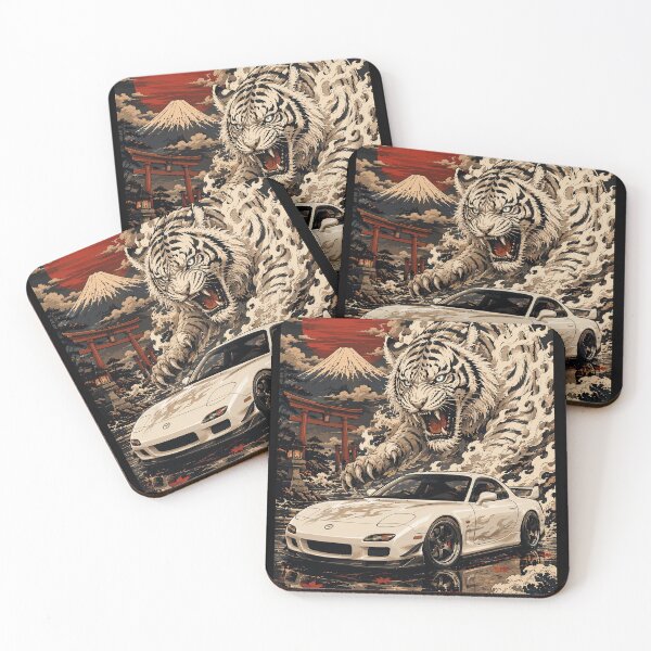 Item preview, Japanese retro anime style illustration of a white Mazda RX-7 sports car with a majestic white tiger, Mount Fuji, and torii gate designed and sold by arfindo-indra.