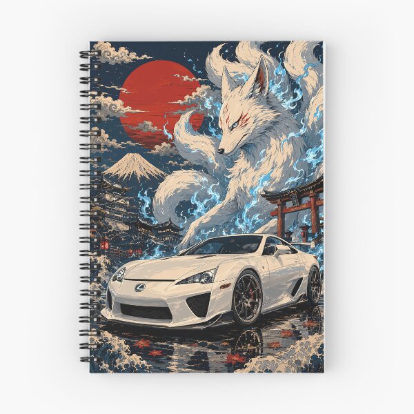 Item preview, Japanese retro anime style illustration of a white Lexus LFA sports car with a majestic nine-tailed kitsune fox, Mount Fuji, and torii gate designed and sold by arfindo-indra.