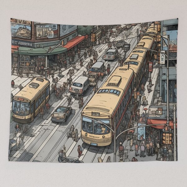Item preview, A Vibrant Cityscape Illustration of an Urban City Life with Iconic Yellow Trams and Busy Streets designed and sold by Matt_Smith.