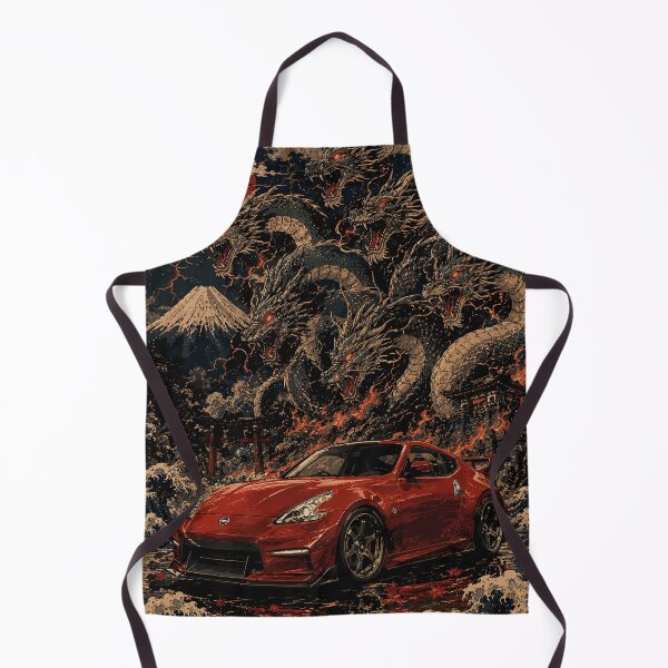 Item preview, Japanese retro anime style illustration of a red Nissan 370Z sports car with a majestic Yamata no Orochi multi-headed dragon and Mount Fuji designed and sold by arfindo-indra.