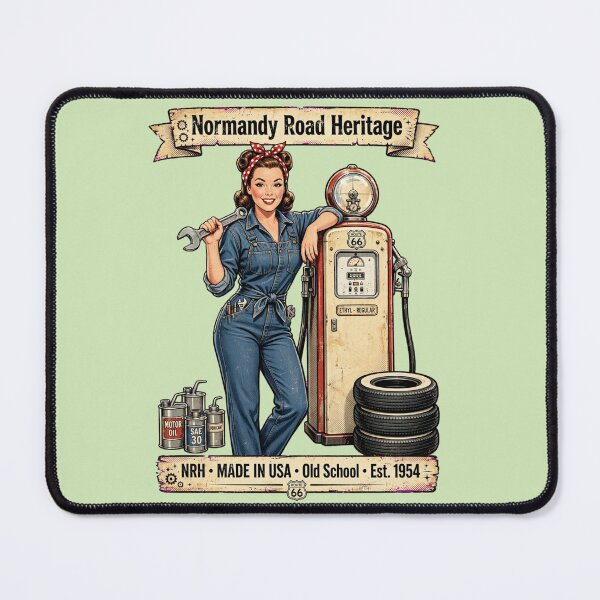 Item preview, Normandy Road Heritage Pin Up Mechanic Girl Gas Pump Garage Art designed and sold by Normandy Road Heritage™ - Vintage Garage Art.