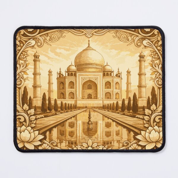 Item preview, Vintage travel poster illustration of India featuring the Taj Mahal and lotus flowers in an ornate golden frame designed and sold by arfindo-indra.
