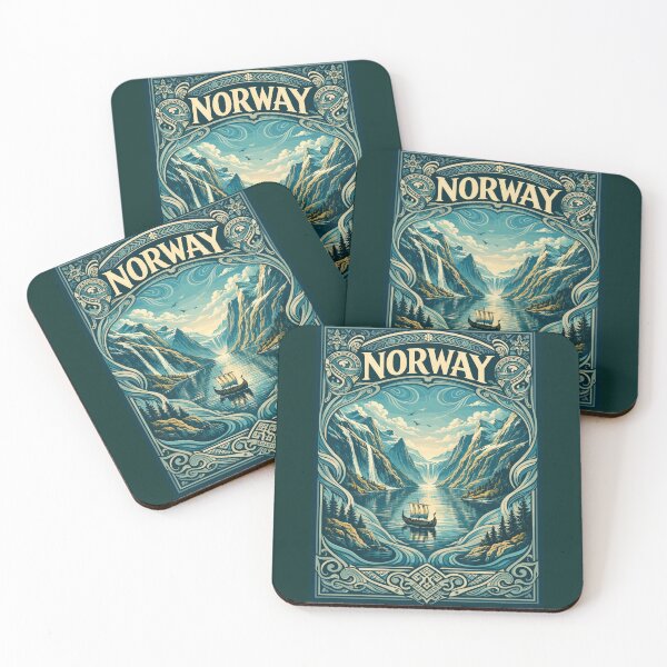 Item preview, Vintage travel poster illustration of Norway featuring majestic fjords, mountains, and a Viking ship in an Art Nouveau frame designed and sold by arfindo-indra.