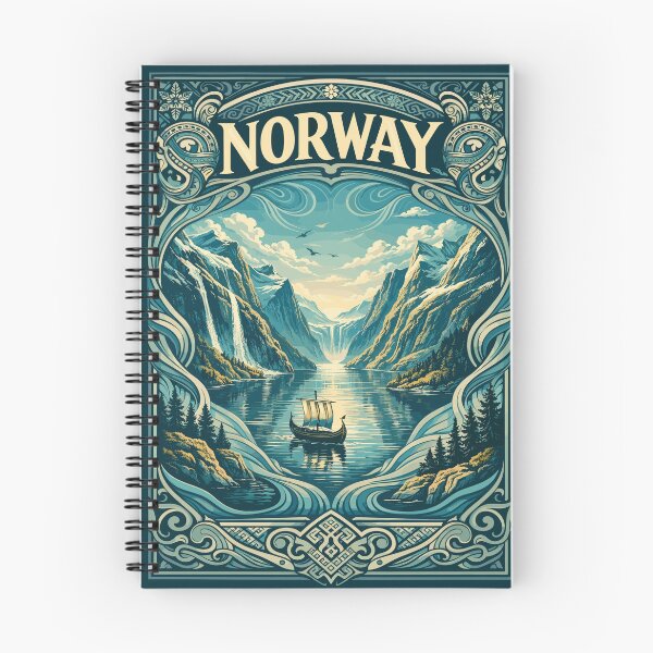 Item preview, Vintage travel poster illustration of Norway featuring majestic fjords, mountains, and a Viking ship in an Art Nouveau frame designed and sold by arfindo-indra.