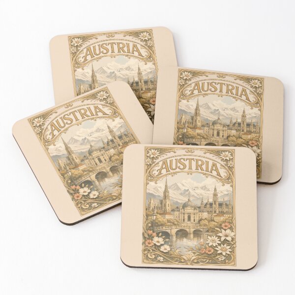 Item preview, Vintage travel poster illustration of Austria featuring Vienna architecture, Alps mountains, and flowers in an Art Nouveau frame designed and sold by arfindo-indra.