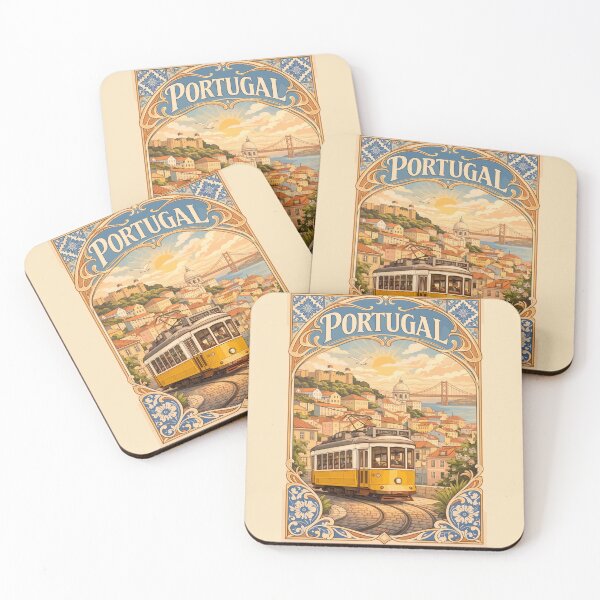 Item preview, Vintage travel poster illustration of Portugal featuring Lisbon yellow tram, historic cityscape, and bridge in an Art Nouveau frame designed and sold by arfindo-indra.