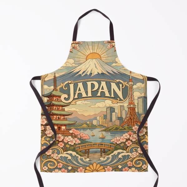 Item preview, Vintage travel poster illustration of Japan featuring Mount Fuji, Tokyo Tower, pagoda, and cherry blossoms in an Art Nouveau frame designed and sold by arfindo-indra.