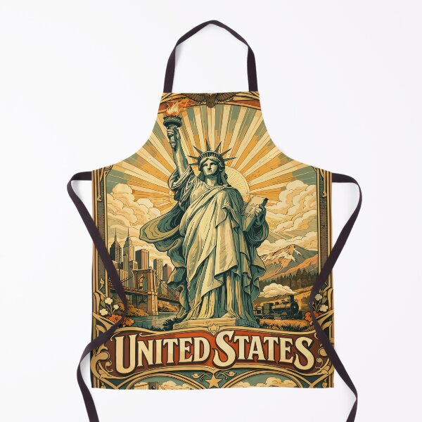 Item preview, Vintage travel poster illustration of the United States featuring the Statue of Liberty, New York cityscape, and American landscape in an Art Nouveau frame designed and sold by arfindo-indra.