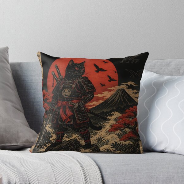 Item preview, Black Samurai Cat Ukiyoe Japanese Warrior Mount Fuji designed and sold by GrinGalore.