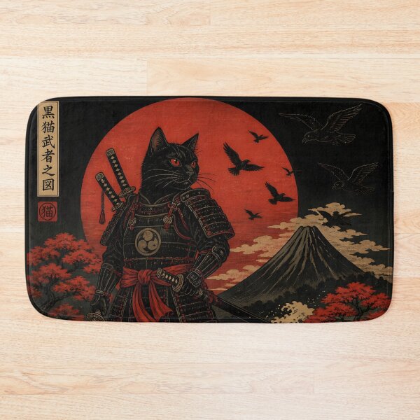 Item preview, Black Samurai Cat Ukiyoe Japanese Warrior Mount Fuji designed and sold by GrinGalore.
