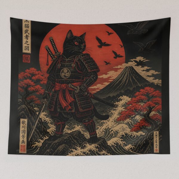 Artikelvorschau, Schwarze Samurai-Katze Ukiyoe japanischer Krieger Mount Fuji entworfen und verkauft von GrinGalore.