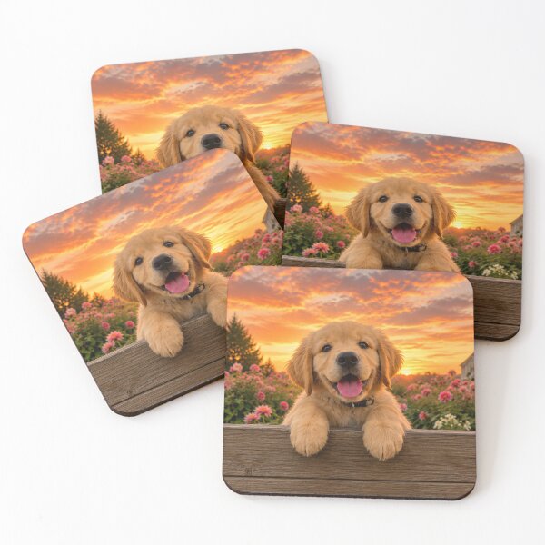 Item preview, Golden Retriever Puppy in a Flower Garden at Sunset designed and sold by Wild Bloom Paws.