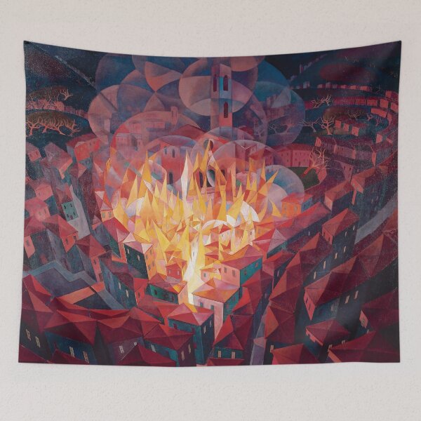 Item preview, City on fire red terracotta tiled roof village landscape painting print by Gerardo Dottori designed and sold by Jéanpaul  Ferro.