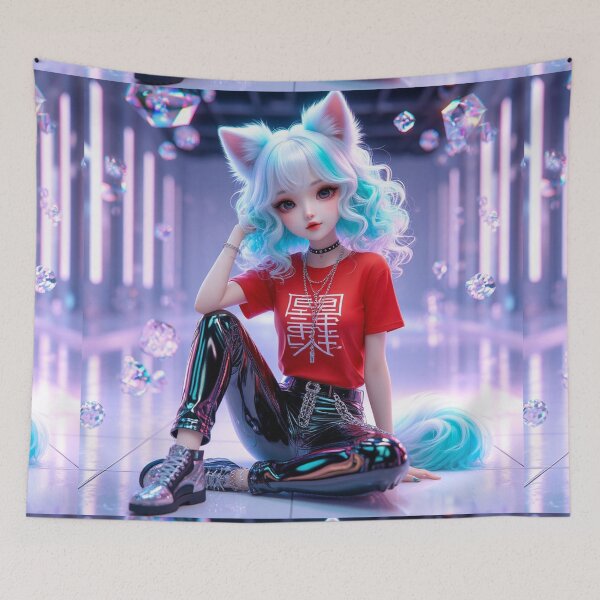 Item preview, Neon Cyberpunk Neko Girl Red Tee Streetwear designed and sold by LenNo9881.