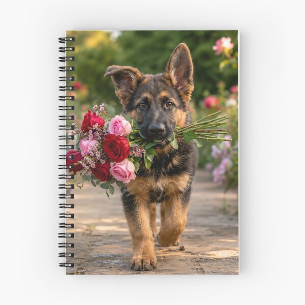 Item preview, German Shepherd Puppy Carrying Roses in a Flower Garden designed and sold by Wild Bloom Paws.