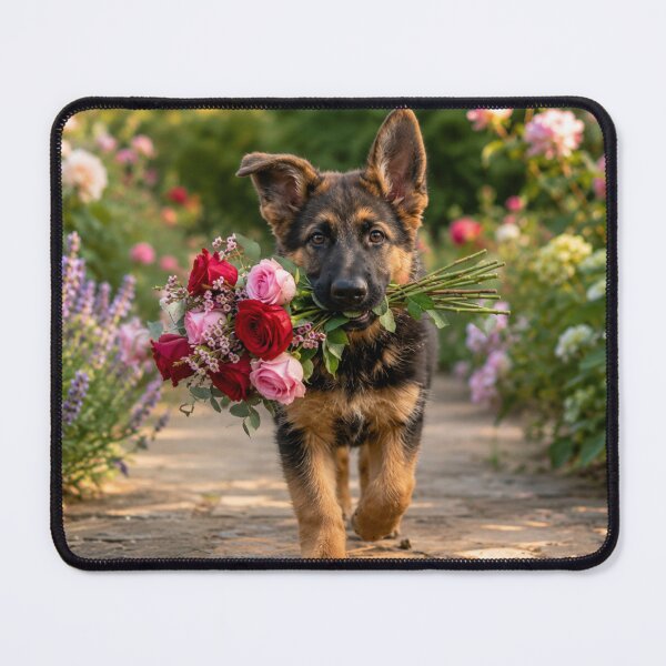 Item preview, German Shepherd Puppy Carrying Roses in a Flower Garden designed and sold by Wild Bloom Paws.