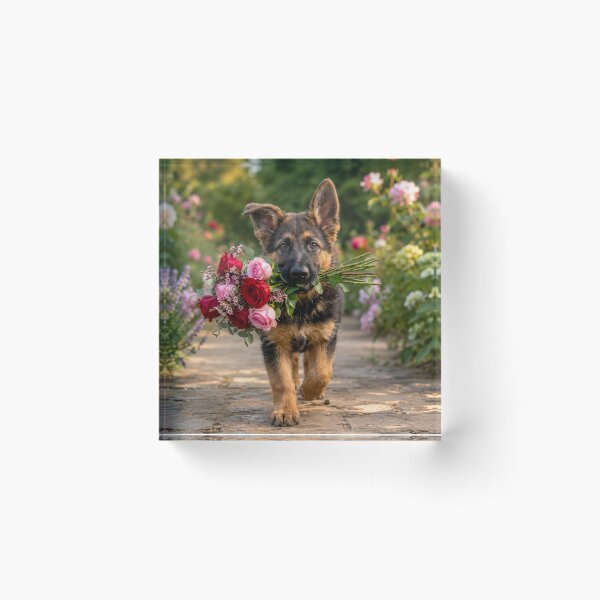 Item preview, German Shepherd Puppy Carrying Roses in a Flower Garden designed and sold by Wild Bloom Paws.