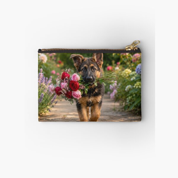 Item preview, German Shepherd Puppy Carrying Roses in a Flower Garden designed and sold by Wild Bloom Paws.