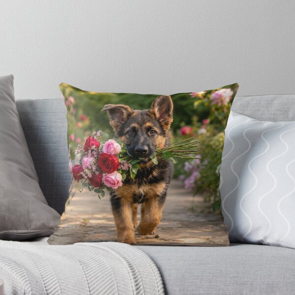 Item preview, German Shepherd Puppy Carrying Roses in a Flower Garden designed and sold by Wild Bloom Paws.