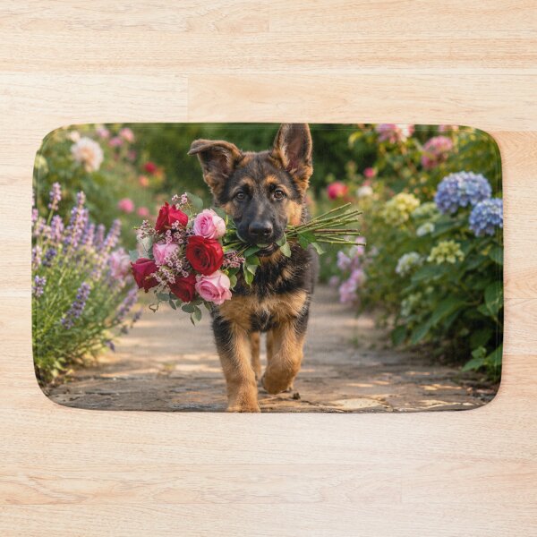 Item preview, German Shepherd Puppy Carrying Roses in a Flower Garden designed and sold by Wild Bloom Paws.