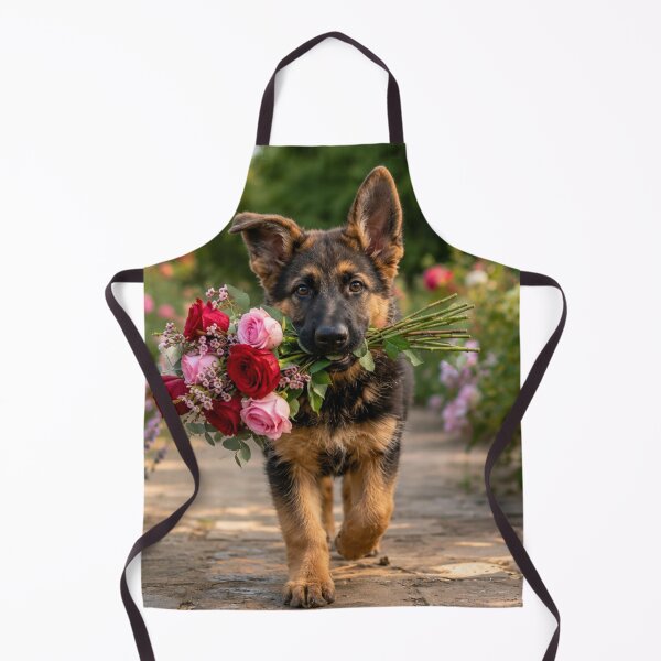 Item preview, German Shepherd Puppy Carrying Roses in a Flower Garden designed and sold by Wild Bloom Paws.