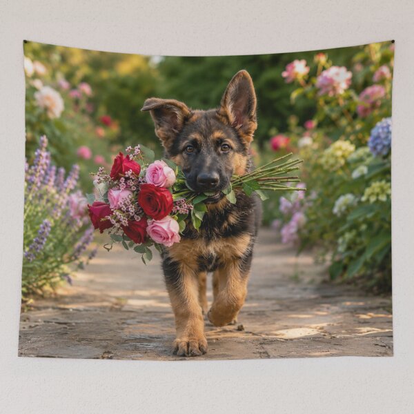 Item preview, German Shepherd Puppy Carrying Roses in a Flower Garden designed and sold by Wild Bloom Paws.