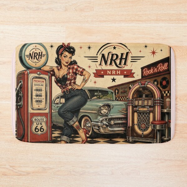 Item preview, Normandy Road Heritage Gas Station Pinup Girl Classic Car Retro Badge designed and sold by Normandy Road Heritage™ - Vintage Garage Art.