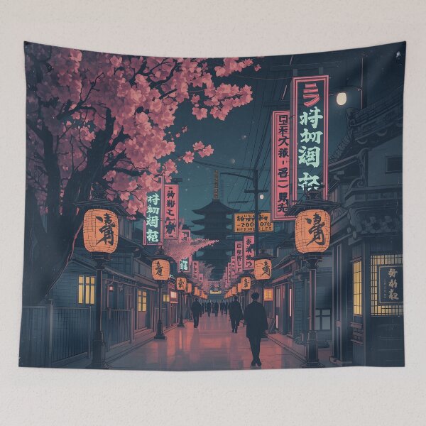 Item preview, Japanese Street at Night Ukiyoe Cherry Blossom Lanterns designed and sold by GrinGalore.