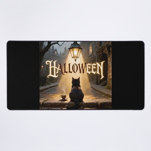 Item preview, Black Cat Sitting Under a Glowing Lantern on Halloween Night designed and sold by OksArtStudio.