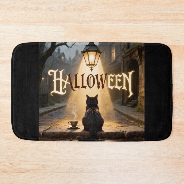 Item preview, Black Cat Sitting Under a Glowing Lantern on Halloween Night designed and sold by OksArtStudio.