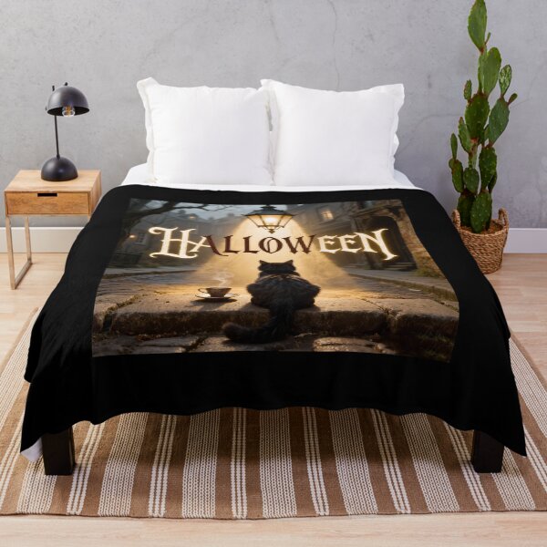 Item preview, Black Cat Sitting Under a Glowing Lantern on Halloween Night designed and sold by OksArtStudio.