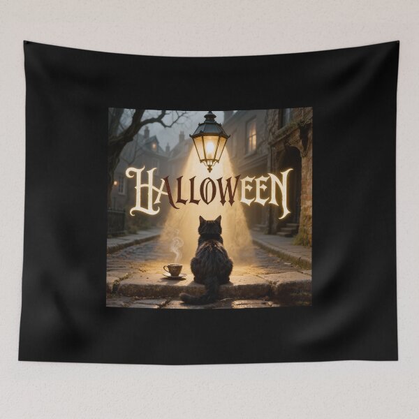 Item preview, Black Cat Sitting Under a Glowing Lantern on Halloween Night designed and sold by OksArtStudio.
