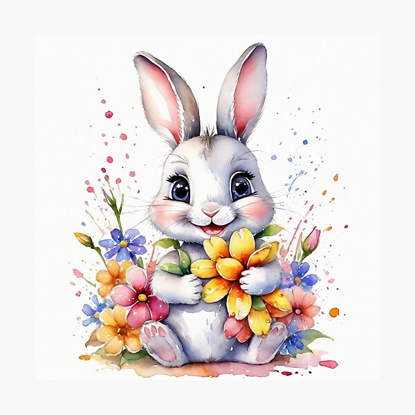 Item preview, Sweet Little Bunny with a Colorful Flower Bouquet Watercolor designed and sold by J-CCreations.
