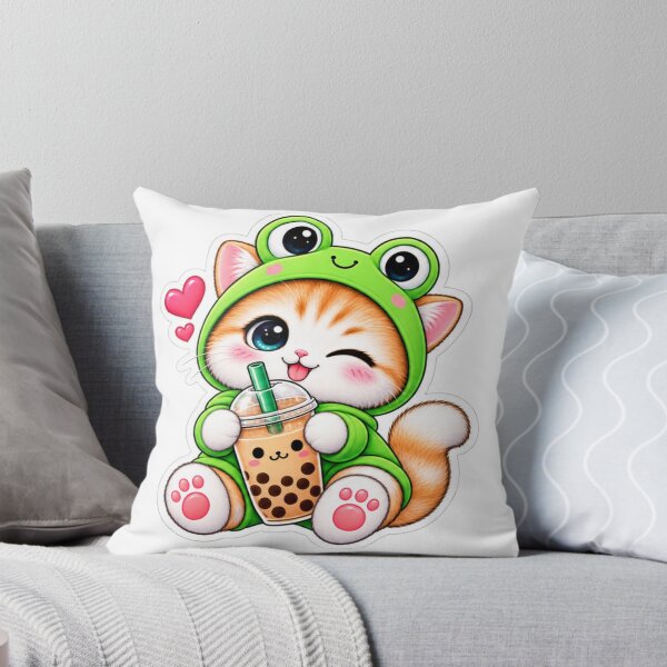 Item preview, Cute Frog Cat With Bubble Tea Kawaii Sticker designed and sold by Genzfirevibes.