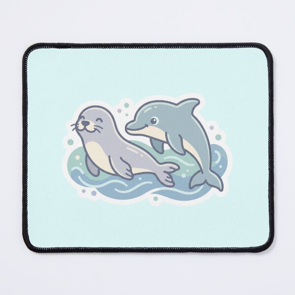Item preview, Seal and Dolphin Swimming Together Kawaii Illustration designed and sold by Anthonellatk.