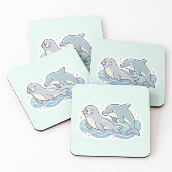 Item preview, Seal and Dolphin Swimming Together Kawaii Illustration designed and sold by Anthonellatk.
