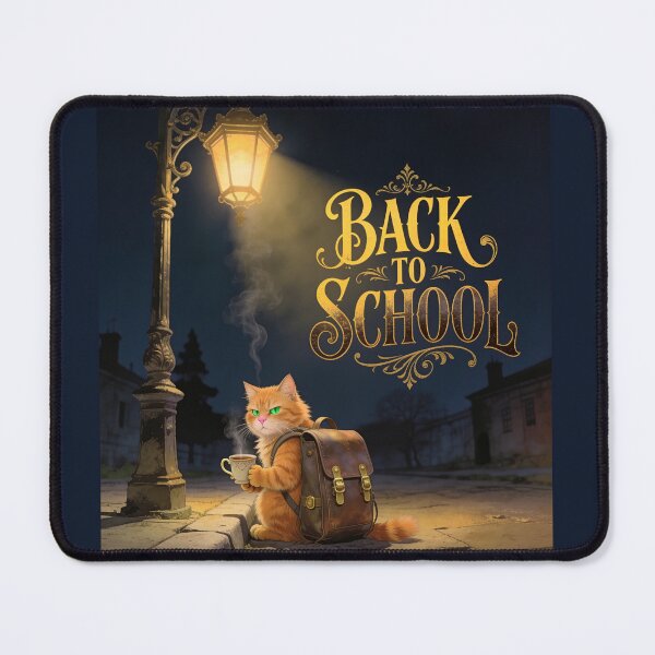Item preview, Back to School Orange Cat with Backpack and Coffee Under a Lantern designed and sold by OksArtStudio.