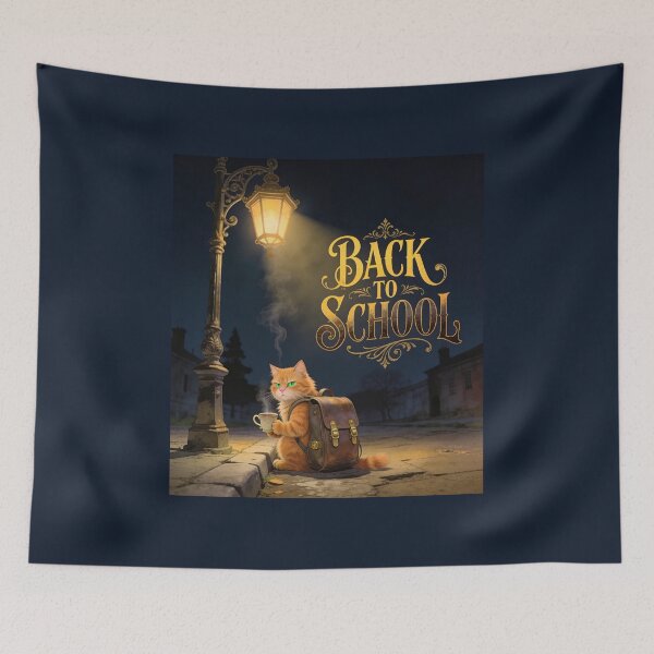 Item preview, Back to School Orange Cat with Backpack and Coffee Under a Lantern designed and sold by OksArtStudio.